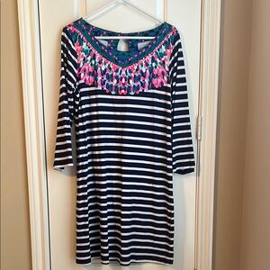 Lilly Pulitzer Blue and White Embellished Dress 3/4 Sleeve Resort Wear